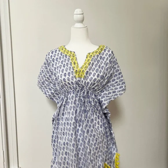 Stella & Dot blue & white paisley beach cover up. Yellow trip with pom poms. - Picture 2 of 4